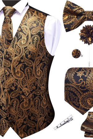 Men's V-Neck Suit Vests Formal Men Vest Paisley Jacquard Tie Waistcoat Bow tie Hanky Set Wedding 7PCS
