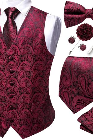 Mens Suit Vest Silk Tie Bowtie Set Paisley Jacquard Formal Waistcoat Clip Hanky Cufflinks Lapel Pin Wedding Party 8PCS