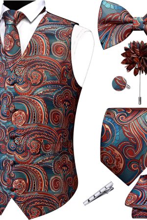 Fashion Paisley Vest for Men Jacquard Tie Waistcoat Bow tie Hanky Lapel Pin Cufflinks Set Wedding 7PCS